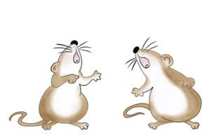 Two cute large ears, brown comic mice sing with smiles and a happy emotion. Isolate watercolor image. png