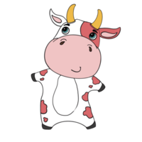 Cute doodle cartoon cow character, pink and white spot color is in a good mood. Isolate image. png