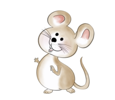 Little cute big ears, brown doodle cartoon mouse character is standing with smiles and happy emotion. Isolate watercolor image. png