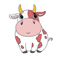 lindo personaje de vaca de dibujos animados de garabatos gordos, el color rosa y blanco está en la cara sonriente y de buen humor. aislar la imagen. png
