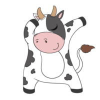 lindo personaje de vaca de dibujos animados de garabatos, color de punto blanco y negro está de buen humor y acción inteligente. aislar la imagen. png