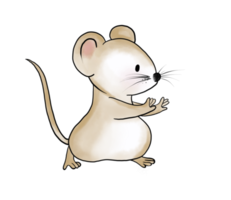 Cute, little, fat brown doodle cartoon mouse character act if exercises and dances. Isolate watercolor image.