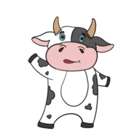 lindo personaje de vaca de dibujos animados de garabatos, color de punto blanco y negro está de pie con buen humor. png