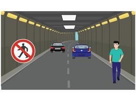 Person walking through a tunnel. Walking in the tunnel is not allowed. Cars in tunnel and a person walking. Safety driving rules. City tunnel restrictions. No pedestrians are allowed in tunnels sign.