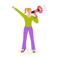 Woman protests with megaphone. Negative emotions, communication, disagree, social political demonstration, human rights, protest, meeting concept. Break the bias. vector