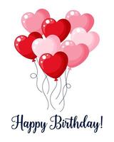 Postcard Happy Birthday, bright flying red heart balloons. Background, holiday print, vector