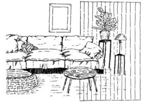 Dibujo de sala de estar, ilustración vectorial en estilo blanco y negro. vector