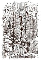House in the middle of the forest vector illustration, Hand drawn, sketch