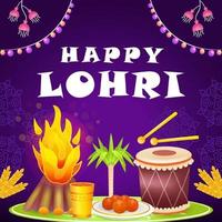 Happy Lohri. 3d illustration of bonfire, drum, sugarcane, food and drink vector