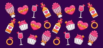 Feliz día de San Valentín. patrones de guirnaldas, botellas de vino, pasteles y anillos de amor vector