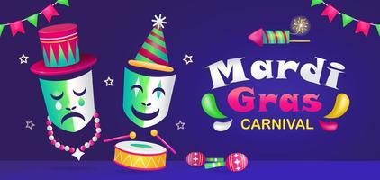 carnaval de mardi gras, ilustración 3d de máscaras de expresión triste y feliz tocando tambores vector