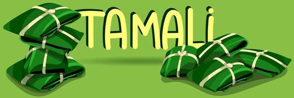 Illustration of Tamali tied in corn leaves lying on top of each other on a green background with a large inscription titled. Suitable for printing on textiles and paper. Restaurant menus. Marketing vector