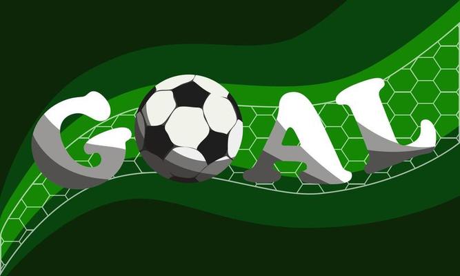 Abstract background in the form of a football field with a ball and a net and a large inscription GOAL. Imitation of a football game. The theme of football. The movement of the ball along the line