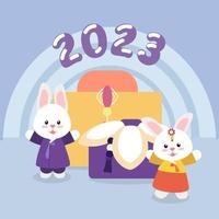 New Year's illustration 2023 Gyeme with the image of a rabbit depicting a boy and a girl in hanbok clothes on the background of a traditional Korean gift with the numbers 2023. Hares in hanbok costume vector