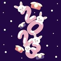 2023 Gyemyo Year New Year's Rabbit Character Illustration. The muzzles of rabbits were plastered on all sides with the numbers 2023 on a purple background. Korean gifts are falling from the sky. vector