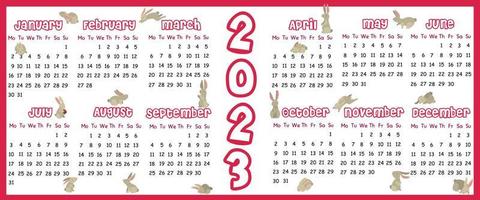 Calendar for 2023 with rabbits of the color of 2023. Calendar template for printing in pink for 2023. Printing on textiles and paper. vector