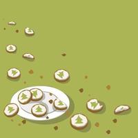 galletas de navidad en un plato sobre un fondo verde con un lugar para el texto. tema de año nuevo. galletas mordidas con patrones de árboles de navidad. fondo con migas. ilustración vectorial para imprimir textos vector