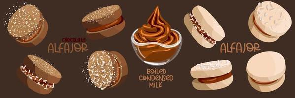 un conjunto de ilustraciones del tradicional postre argentino alfagor ordinario, chocolate con leche condensada hervida. comida latinoamericana. adecuado para la impresión en textiles y papel. vector