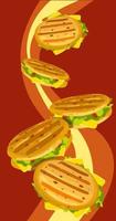 Illustration of Cuban arepas buns with filling on an abstract background. Latin American cuisine. Local hamburger, pastries. Vector for use in marketing. Banner, leaflet and other information