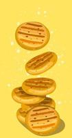 Illustration of Cuban arepas buns on a yellow background. Latin American cuisine. Local hamburger, pastries. Vector for use in restaurant menu, marketing, banner, leaflet and other printed information