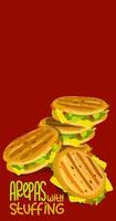 Illustration of Cuban arepas buns stuffed with inscriptions. Latin American cuisine. Local hamburger, pastries. Vector for use in marketing. Banner, leaflet and other information