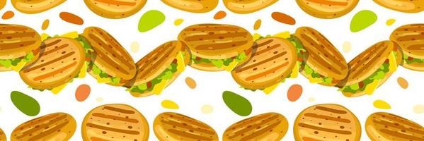 A pattern with Cuban arepas buns with stuffing and colored spots. Latin American cuisine. Local hamburger, pastries. Background for use in marketing. Packaging vector