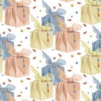 A pattern of Korean traditional gifts. A collection of various happy bags. Vector illustration of elements related to the Lunar New Year or Chusok. Gifts with decorations on a white background.