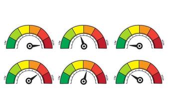 Set color scale with arrow from red to green with low and high level. risk scale, tachometer, fast speedometer, Hemoglobin, satisfaction. Vector illustration flat isolated on white background