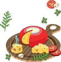 ilustración de diferentes variedades de queso y tomate. vector