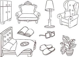 Set of furniture for rest and sleep outline. Sofa, armchair, bed. illustration vector