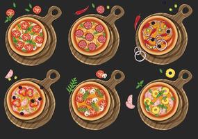 conjunto de pizzas con varios rellenos. ilustración. vector