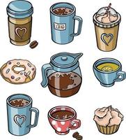 ilustración con bodegones de juego de té y cupcakes. ilustración vector