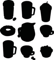 Teapots and mugs, coffee cups vector silhouette illustration. Vector