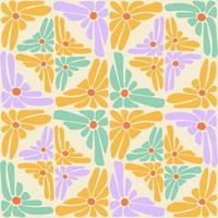 Groovy trippy daisy tiles seamless pattern. Abstract naive psychedelic, hand drawn flowers mosaic patchwork. 1970 retro hippie vibe background. Vintage cover textile poster vector illustration.