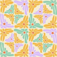 Groovy trippy daisy azulejos de patrones sin fisuras. abstracto ingenuo psicodélico, patchwork de mosaico de flores dibujadas a mano. Fondo de ambiente hippie retro de 1970. Ilustración de vector de cartel textil de cubierta vintage.