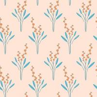 Seamless pattern with naive art hand drawn flowers and leaves. Retro cute simple 60s background. Abstract hygge botanical decoration. Heath or lavender motifs. Vector illustration.