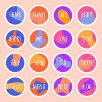 Abstract fluid organic shapes highlights set. Social media round covers for stories design. Wavy groovy frames in bright colors. Simple minimalistic decor with text. Vector illustration.