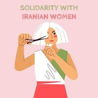 mujer vestida con los colores de la bandera iraní, sostiene tijeras y un mechón de pelo. Desafío internacional de corte de cabello en solidaridad con las mujeres de Irán. Protesta contra la violencia y la discriminación. vector. vector