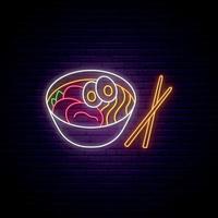 Neon Ramen sign. Glowing Ramen soup icon on brick wall background. Vector illustration in neon style.