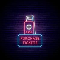 Neon tickets sign. Glowing boarding pass icon on brick wall background. Vector illustration in neon style.