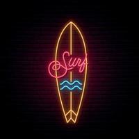 Neon surfboard sign. Glowing surf emblem in retro style. Bright light signboard. Vector illustration.