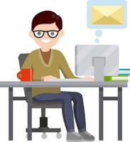 Cartoon flat illustration - young man sit at table and typing message to friend in social networks. job freelance. received emails in envelope. Boy in chat