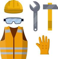 Set of clothes Builder and worker. Green vest, helmet, glasses, gloves, hammer, wrench. Repair and maintenance. Safety and tools. Cartoon flat illustration vector