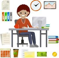 Woman sit at Desk with computer and typing message in front of monitor. Set of business icons-yellow folder, case for document, schedule, red coffee mug, cash. Flat picture. Businesswoman at work vector