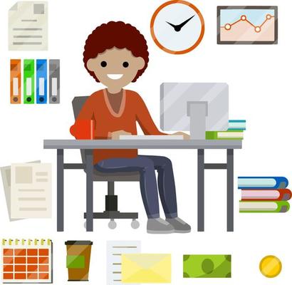 Woman sit at Desk with computer and typing message in front of monitor. Set of business icons-yellow folder, case for document, schedule, red coffee mug, cash. Flat picture. Businesswoman at work