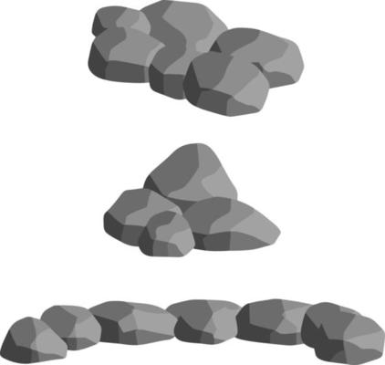 Set of gray granite stones of different shapes. Element of nature, mountains, rocks, caves. Minerals, boulder and cobble isolated on white