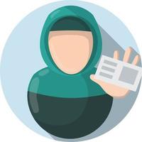 Getting driver license. Arab woman in hijab. Certificate and document. Hand hold Plastic card. Girl in national dress. Training in driving school. Flat icon for app vector