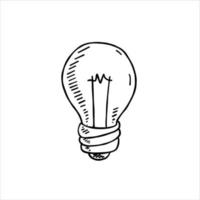 bombilla. boceto dibujado dispositivo eléctrico. ilustración en blanco y negro. idea y concepto de iluminación de garabatos de dibujos animados. solucion y creativo vector