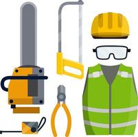 Set of tools for the worker and Builder. Chainsaw and sawmill. Helmet, vest and goggles. Roulette and pliers. vector