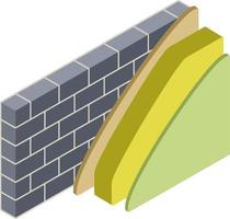 Brick wall in isometry with layers of plaster and insulation. Material for home repair. Construction of buildings. Scheme of applying blue and yellow layer vector